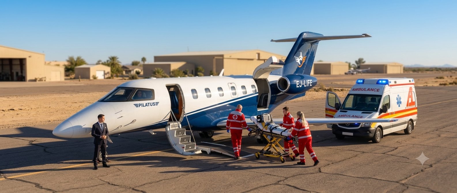 LifeWings PC-24 medevac loading with clinical team and ambulance