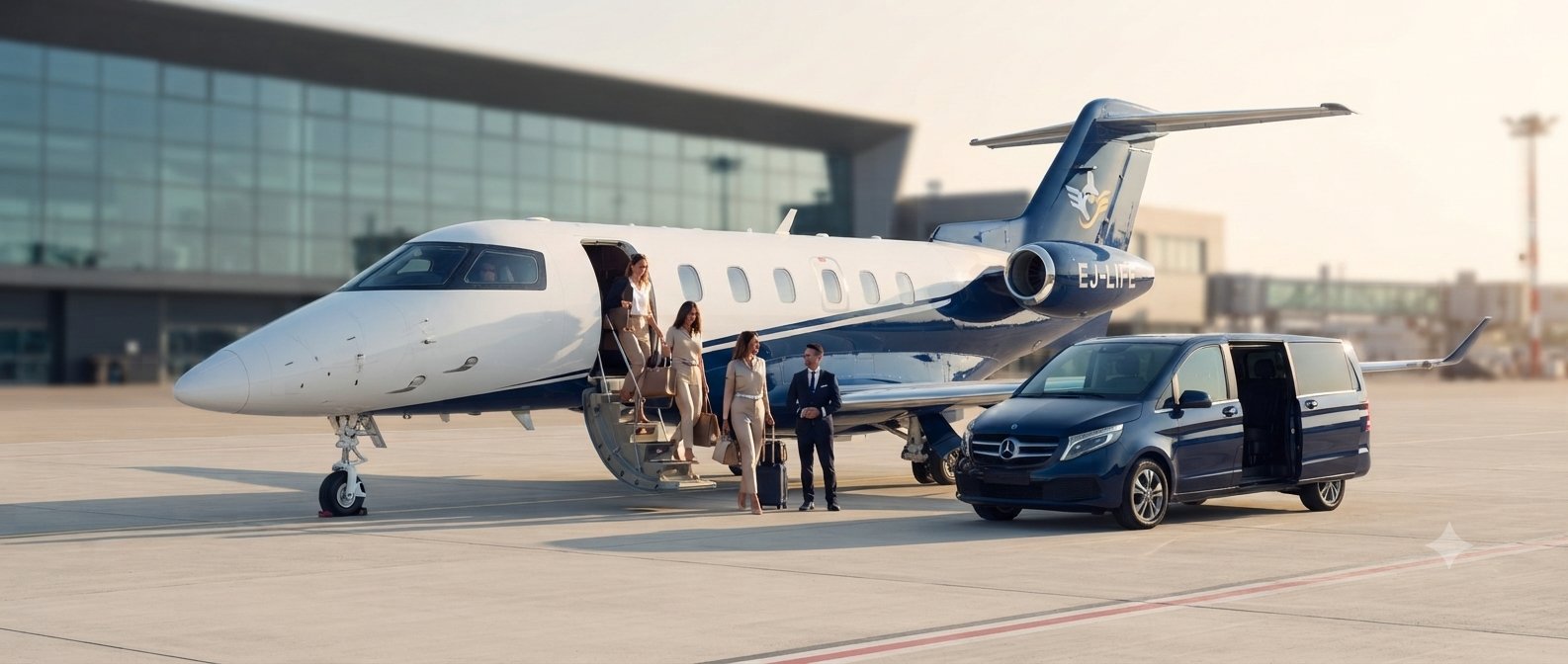VIP passengers boarding the LifeWings PC-24 at a private terminal
